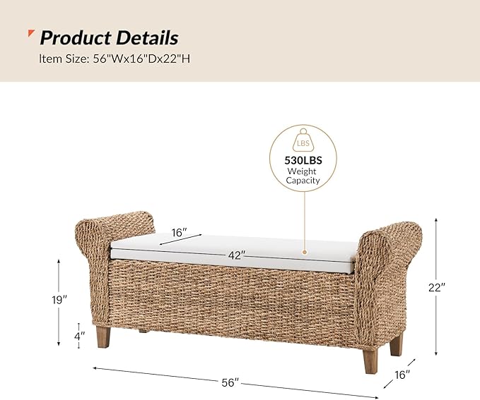 56" Rattan Storage Bench with Rolled Arms, Bohemian Farmhouse End of Bed Upholstered Benches, Interior Divided Entryway Footstool with Solid Wood Legs, Natural