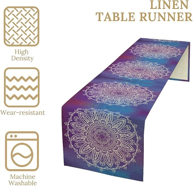 YCness Abstract Vintage Mandela Boho Table Runner, Modern Hippie Art Watercolor Purple Rainbow Colorful Dining Room Kitchen Living Room Party Holiday, 13x120 Inch