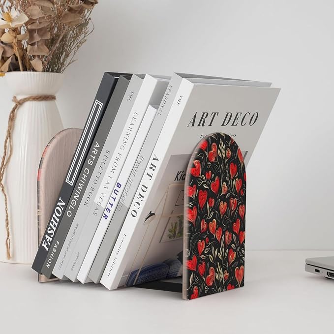 Red Love Heart Leaves 2 Piece Wood Decorative Bookends 6.7x4.2 in, Book Ends for Home Office Library Shelves Decor Room Kitchen Desktop