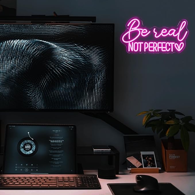 Symone Be Real Not Perfect Heart Neon Sign, Motivational Neon Sign USB Powered LED Dimmable Inspirational Neon Light, for Office Living Room Bedroom Bar Garage Studio Wall Decor(15.7 * 8.2 In)