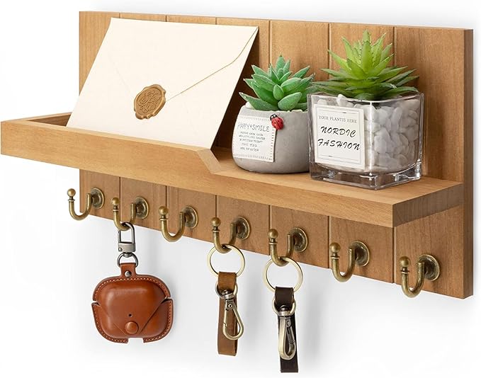 Rebee Vision Decorative Key Holder for Wall Shelf - Farmhouse Wood Wall Hanging Mail Organizer with 7 Sturdy Key Hooks for Home Entryway Decor - Stylish Key Racks (Light Brown,15-inch)