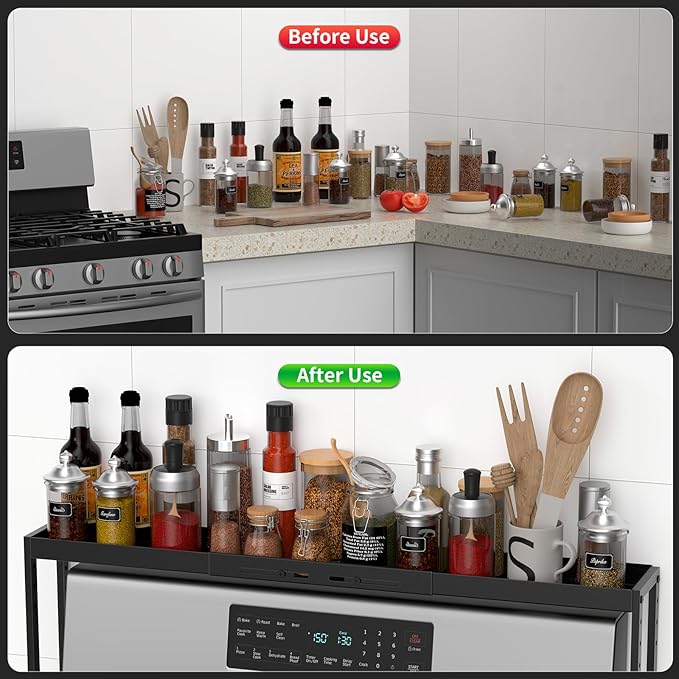BOIVSHI Stove Top Shelf, Kitchen Over Shelf for Stove, Stove Spice Rack for Top, Adjustable 27-33inch, Fits Various Stove Lengths, Kitchen Spice Organizer, Condiments and BBQ Sauces, Black