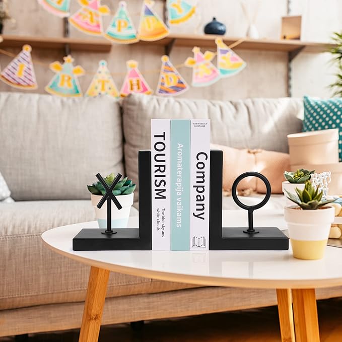Book Ends Black Bookends Heavy Duty Decorative Bookends to Holders Books Unique Modern Book end Metal Book Stoppers for Shelves/Office Decor/Home,Book Holders Nonskid (Black)