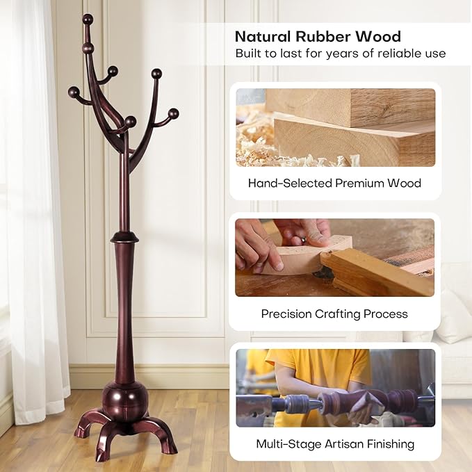 Wooden Coat Rack Freestanding with 8 Hooks, Heavy Duty Coat Hanger Stand with Stable Base, Vintage Coat Tree Standing Coat Racks for Entryway, Hallway, Bedroom (Wine Red)