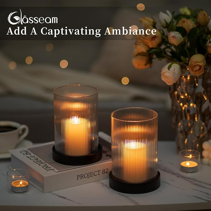 Glasseam Glass Hurricane Candle Holder: Black Pillar Candle Holders Set of 2 Ribbed Clear Glass Cover with Metal Candle Tray Modern Candle Holders for Table Centerpiece Living Room Fireplace Decor