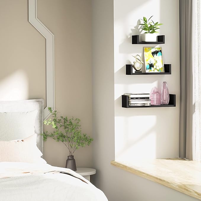 SRIWATANA Floating Shelves Wall Mounted, Solid Wood Wall Shelves, Black