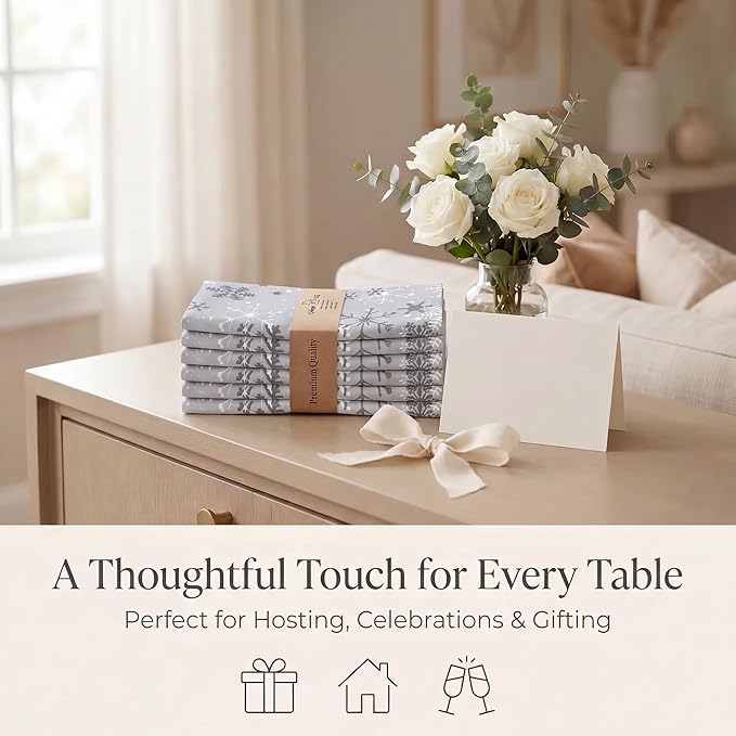 Urban Villa Cloth Napkins 100% Cotton Highly Absorbent Washable Reusable Premium Dinner Napkins Ideal for Gifts for Mothers Day Hotel Farmhouse Parties - Grey Snow Flakes (20" x 20", Set of 12)
