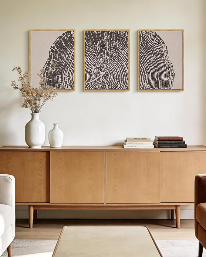 PHOPAGO Vintage Tree Rings Framed Wall Art Modern Retro Wood Stump Wall Decor Nature Farmhouse Rustic Art Prints Bedroom Home Decor - 12x16in Natural Framed