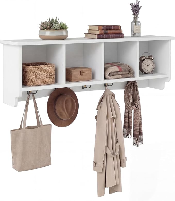 Giantex Wall Mounted Coat Rack, 28.5'' Wooden Floating Shelf with 4 Cubbies & 5 Double Hooks, Modern Space-Saving Storage Display Organizer for Entryway, Hallway, Mudroom (White)