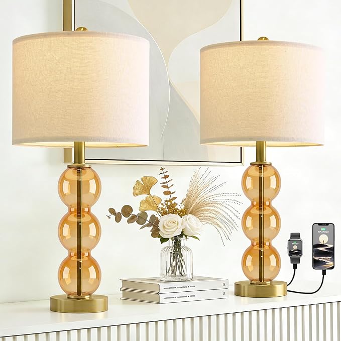 Oneach 25" Amber Glass Table Lamps for Living Room, Glass Modern Table Lamp Set of 2, USB Charging Ports, Linen Shade, Bedside Lamps for Bedroom, Nightstand, Side Table (Bulbs not Included)