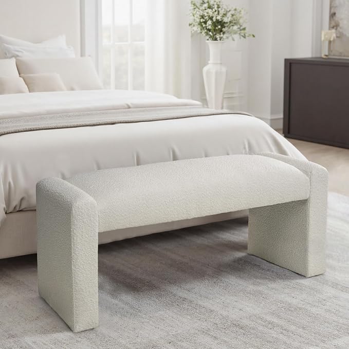 SIMTONAL 47" End of Bed Bench, Modern Fabric Upholstered Entryway Bench, Footrest Stool Accent Bench with Solid Wood Frame for Bedroom Living Room, White