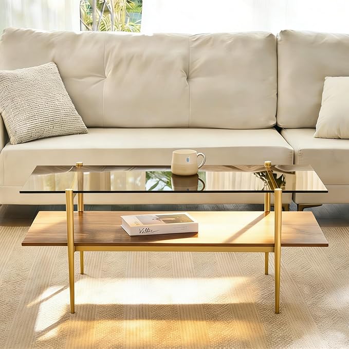 Shrine Rectangle Coffee Table, Mid-Century Modern Design, 2-Tier Structure, Amber Glass Top and Walnut MDF Shelf, 41" D x 21" W x 17" H, Sleek Conical Metal Legs with Gold Finish