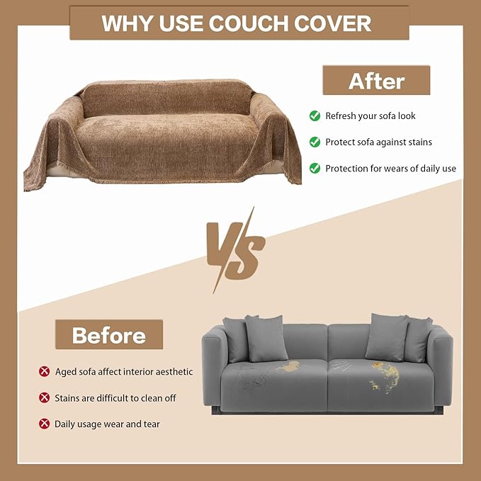 DREAMINGO Chenille Sofa Cover Washable Pet Couch Protector Cover Textured Couch Cover Blanket for Living Room Modern Minimalist 3-Seater Sofa Slipcover, Mocha Brown, X-Large 71"x134"