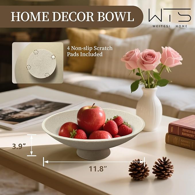 Large Decorative Fruit Bowl for Kitchen Counter, Modern Resin Pedestal Bowl for Home Decor, Stylish Key Bowl for Entryway Table, Decorative Bowl for Coffee Table Decor, Artificial Stone Beige