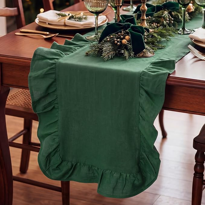Green Ruffled Table Runner 72 Inches Long Scalloped Table Runner Rustic Cotton Tabletop Farmhouse Decor for Baby Shower Bride Shower Birthday Party Holiday Wedding(Solid Color)