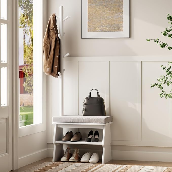 Coat Rack with Shoe Storage,Entryway Shoe Bench whit 8 Hook for Offices Bedroom Living Room,Small Shoe Bench,White