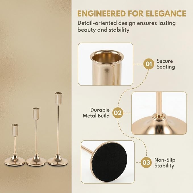 54 Pcs Gold Candlestick Holders Set - Vintage Brass Taper Candle Holder for Pillar Candles - Modern Decorative Centerpiece for Wedding Fireplace Mantel Decor - Cozy Atmosphere Housewarming Gift