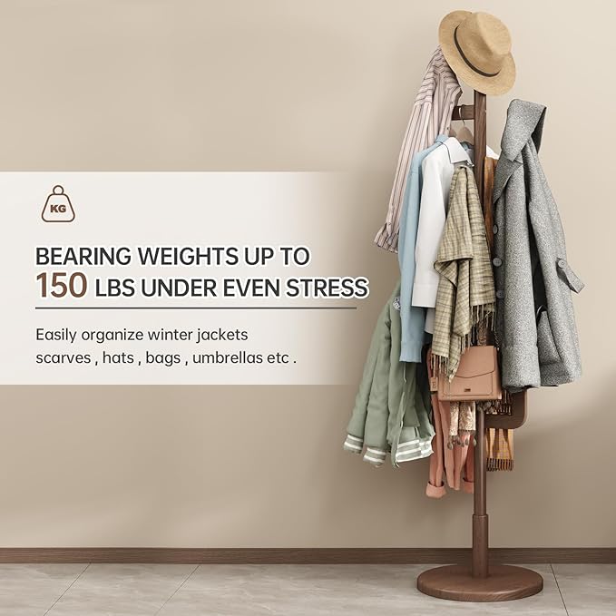 Muwuele Solid Wood Cactus Coat Rack, Freestanding Coat Rack With 6 L-Shaped Hooks and 3 Adjustable Sizes, Coat Tree for Bedroom, Entryway, Livingroom, Coat Hanger Stand for Coats, Handbags (Walnut)