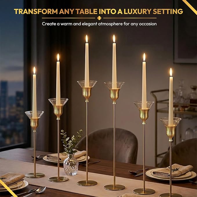 Gold Candlestick Holders Set of 6 with Glass Cups & Silicone Inserts, Tall Metal Taper Candle Holders for Table Centerpiece, Weddings, Romantic Dinners, Events & Modern Home Décor