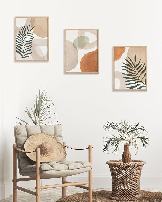 HesenDot Unframed Neutral Boho Wall Art Set of 3, 12x16in Botanical Leaves Abstract Geometric Canvas Posters, Minimalist Modern Aesthetic Wall Decor for Bedroom Living Room Home, Unframed