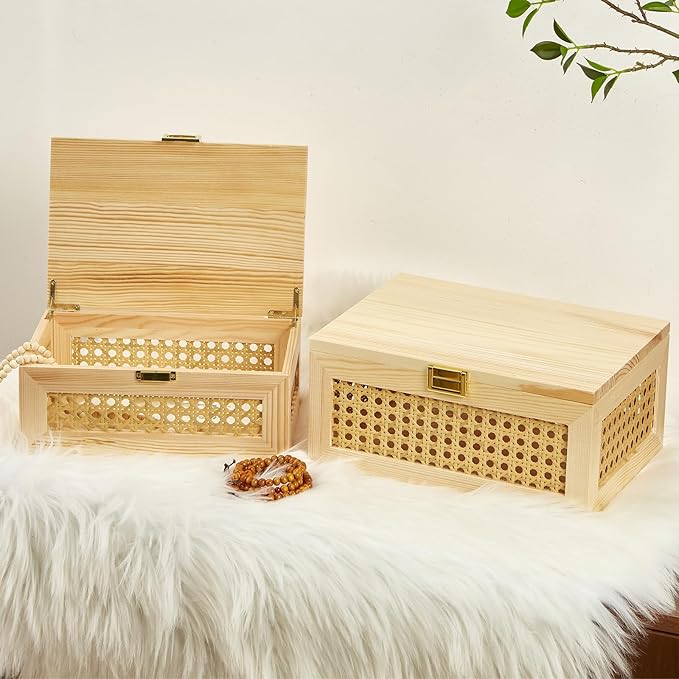 2PCS Decorative Rattan Storage Boxes Solid Wood Baskets Bins with Lid Keepsake Memory Jewelry Box Natural Boho Shelf Wicker Closet Desk Organizer Container (Light Wood, 1 Large 1 Small)