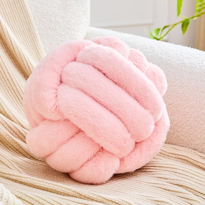 Uvvyui Knot Pillow Ball Home Decorative Pillows Round Throw Pillow with Faux Rabbit Fur Handmade Knotted Plush Pillow Aesthetic Room Decor Round Boucle Pillow Cushion (Pink, 8.6 Inch)