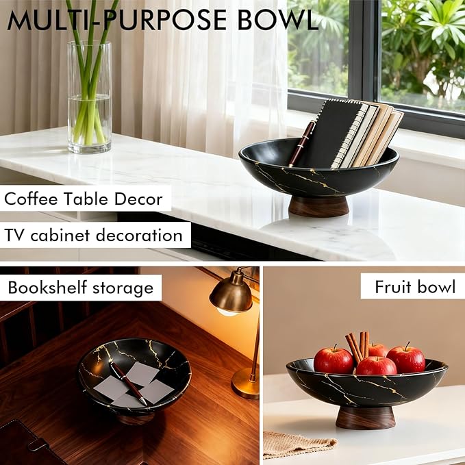 Black Marble Texture Decorative Bowl with Wood Base – 11" Modern Pedestal Fruit Bowl for Dining Table, Kitchen or Entryway Décor