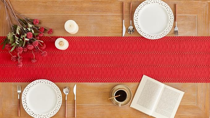 YATOJUZI Red Table Runner Pure Red Boho Table Runners with Tassels 108 Inches Seasonal Long Table Runner Rustic Farmhouse Table Runners for Bohemian Dining Bedroom Kitchen Decor 12x108 Inches