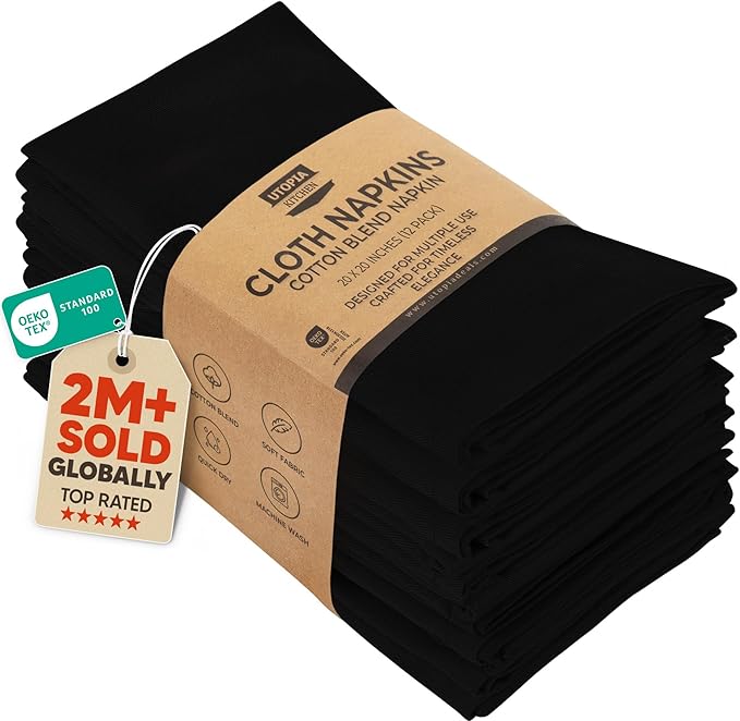 Utopia Kitchen Black Cloth Napkins [12 Pack, 20x20 Inch] Absorbent Cotton Blend Washable and Reusable for Dinner, Restaurant, Lunch, Wedding and Hotel