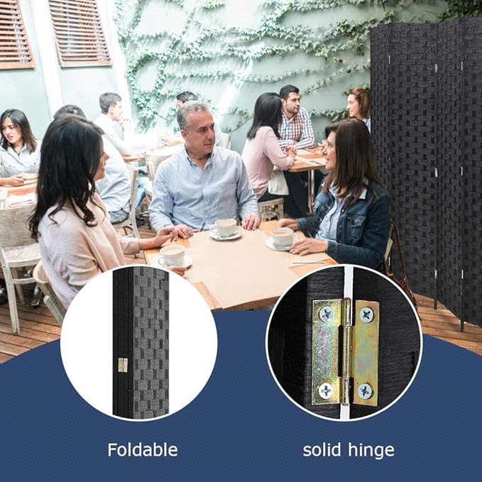 Room Dividers and Folding Privacy Screens 4 Panel 6 ft Foldable Portable Room Seperating Divider, Handwork Wood Mesh Woven Design Wall, Freestanding, Black