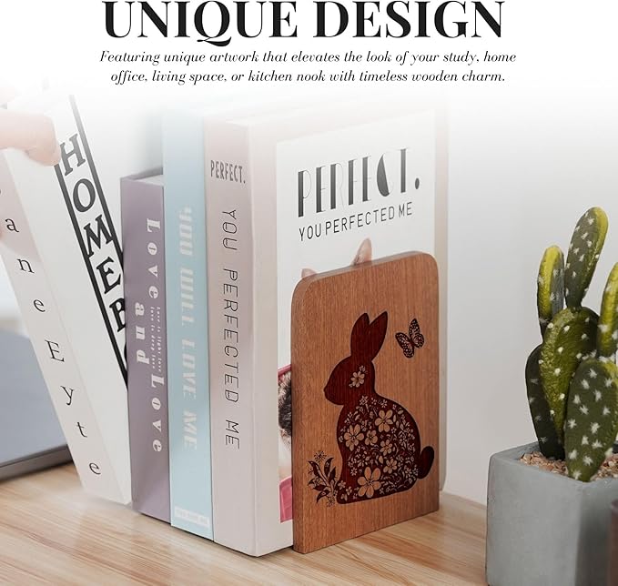 Bunny Gifts for Women Girls, Bunny Bookends, Gifts for Rabbit Lovers, Heavy Duty Wooden Book Ends for Shelves Decorative(1 Pair, 4.72x6.69 Inches)
