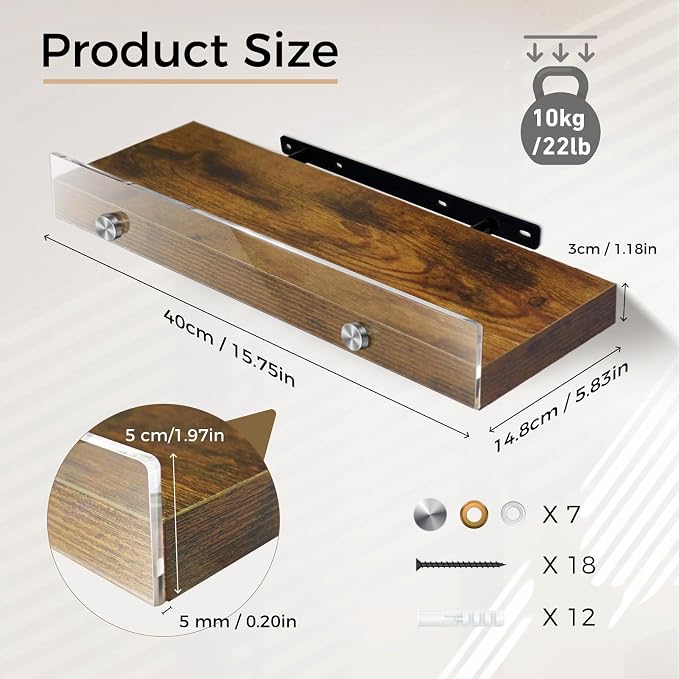 Wood Floating Shelves with Acrylic Front Lip, Rustic Shelf 15.7 inch, Floating Shelf for Wall Mounted Set of 3, Wide Wooden Wall Shelves for Living Room Bedroom Kitchen Bathroom, Brown, 15.7W x 5.8D