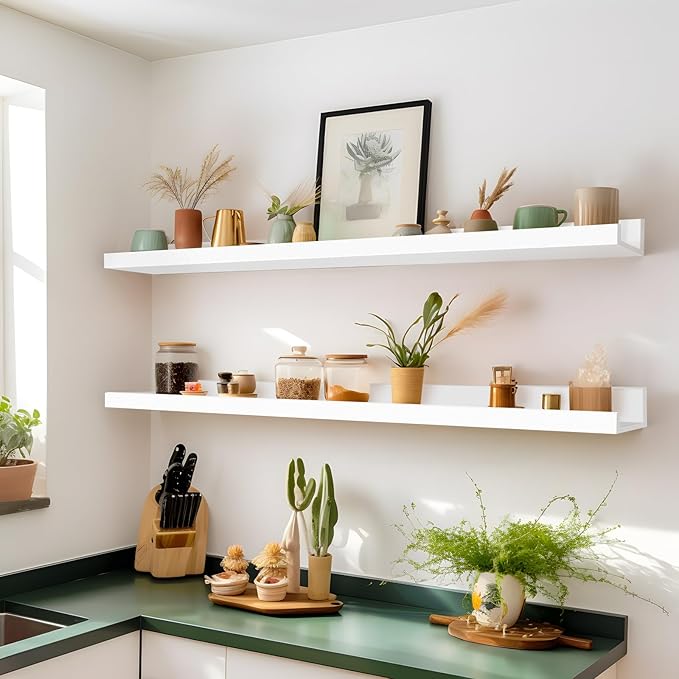 LaVie Home Floating Shelves for Wall Storage Set of 4, 47.2 Inch Picture Ledge Shelf, White Wall Shelves with Lip for Kitchen, Bedroom, Bathroom, and Living Room