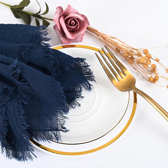 50 Pack Navy Blue Handmade Cloth Napkins 16 x 16 Inch Cotton Linen Napkins with Fringe, Washable and Reusable Napkins, Soft Rustic Boho Fringe Cloth Napkins for Dinners,Parties, Wedding