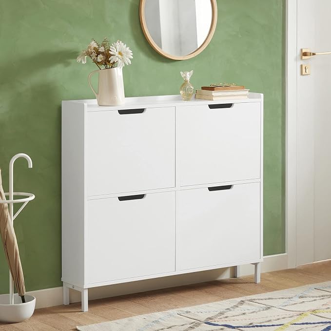 Haotian Ultra Thin Shoe Cabinet with 4 Flip-Drawers, Narrow Shoe Rack, Slim Shoe Storage Organiazer Entryway, White, FSR100-W, 7.5" D x 39.4" W x 35.6" H