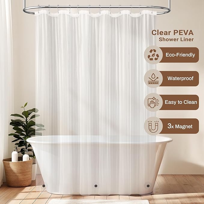 BTTN 3 in 1 Shower Curtain with Liner, Black and White Boho Linen Striped Cloth Shower Curtain Set with Plastic Hook, Farmhouse Bohemian Country Waterproof Fabric Shower Curtain for Bathroom, 72x72