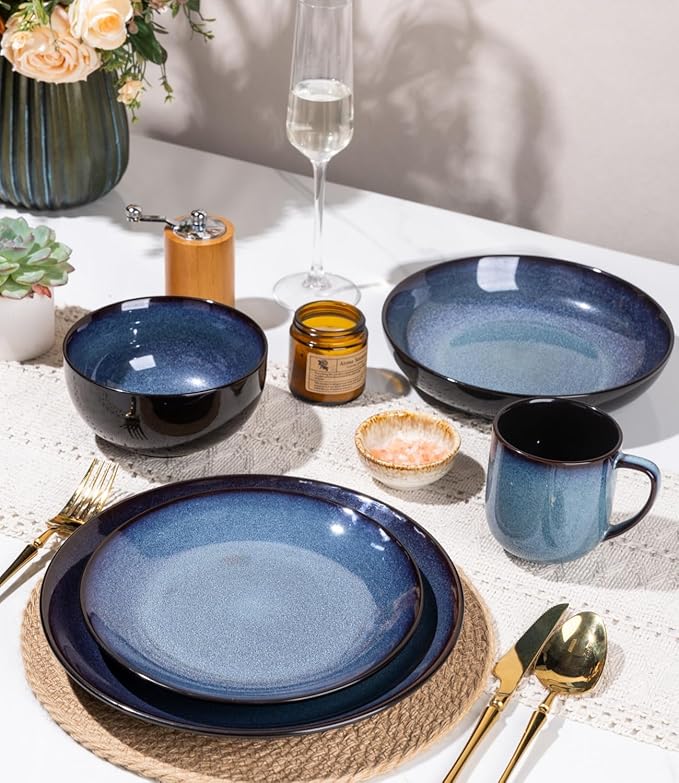 LERATIO Ceramic Dinnerware Sets for 4,16-Piece Reactive Glaze Plates and Bowls Set with Mugs,Highly Chip and Crack Resistant | Dishwasher,Microwave & Oven Safe Dishes set-Blue