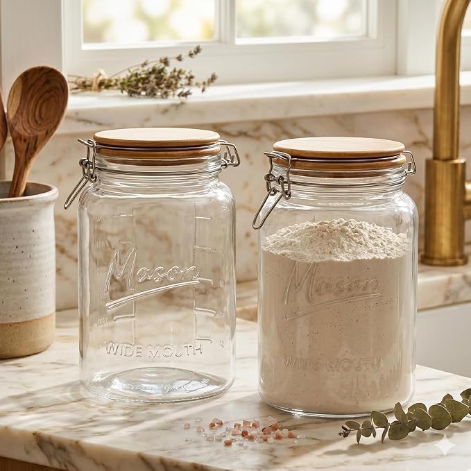 kitchentoolz 1 Gallon Mason Jars Wide Mouth with Airtight Bamboo Lids – Set of 2 Gallon Glass Jar with Lid – Large Mason Jars with Lids for Kitchen Pantry, Storage, and Canning