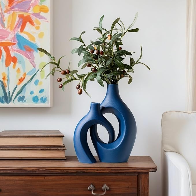 Liotww Snuggle Hollow Ceramic Vase Set of 2, 11 inch Hug Donut Modern Nordic Boho Style Vases for Home Decor Anthropologie Aesthetic Living Room Shelf Entryway Table Decorative (Navy Blue)