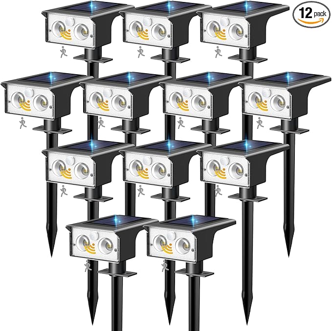 btfarm Solar Spot Lights Outdoor Waterproof, 12 Pack/3 Modes Motion Sensor Lights, Solar Powered Spotlights 2-in-1 Auto On/Off for Outside Pathway Yard Garden Landscape Lighting, Cool White
