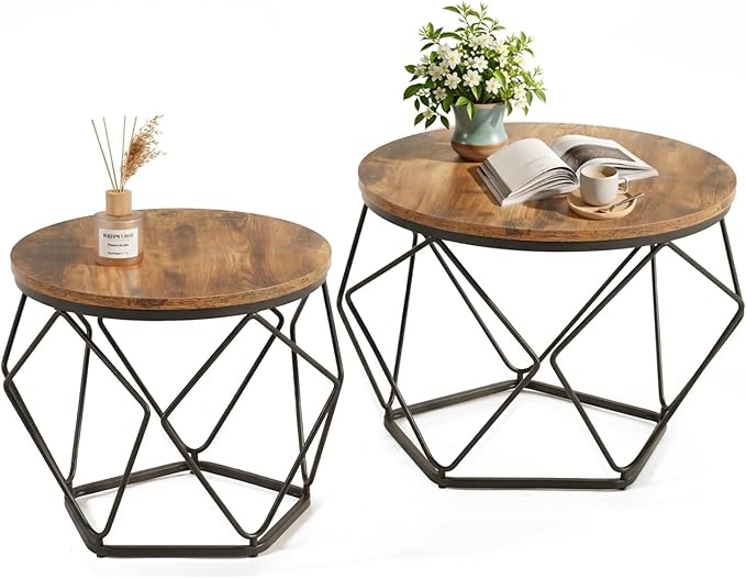 DUMOS Modern Geometric 2Pack Coffee Table, Round Nesting Side Tables with Hidden Storage, Movable End Tables for Living Room Decor & Practical Use Brown