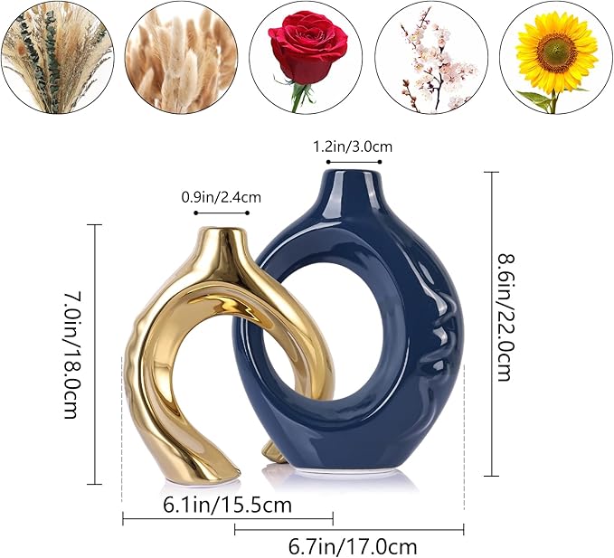 LCCCK Blue and Gold Ceramic Vases for Home Decor, Boho Vase for Flowers Pampas Grass Decorative, Navy Blue Hollow Donut Small Vase for Living Room Table Wedding Centerpiece Modern Vases