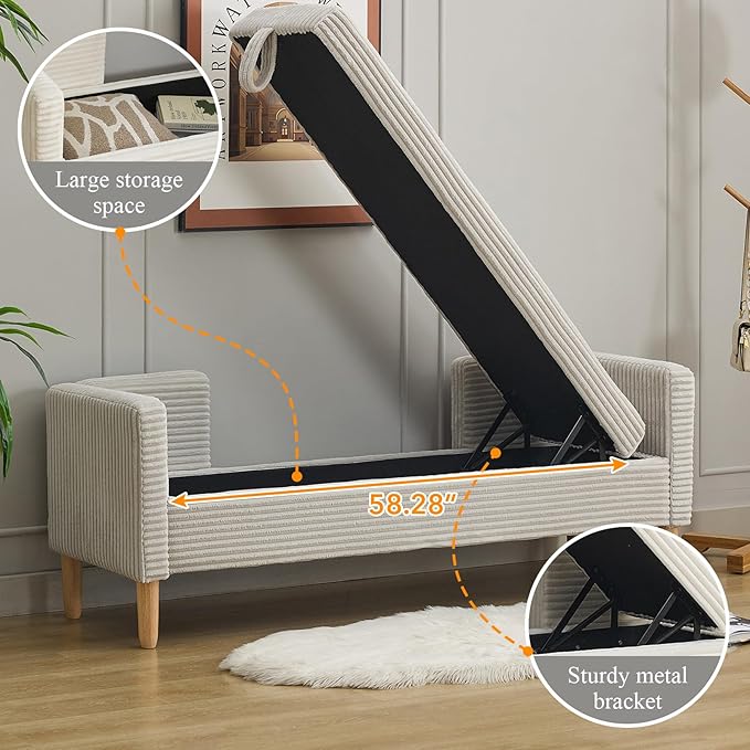 65.35" Storage Bench, Corduroy Upholstered End of Bed Bench with Bolster Pillows, Modern Storage Bench with Natural-Patterned Wooden Legs, Comfy Entryway Bench for Entryway (Light Gray)