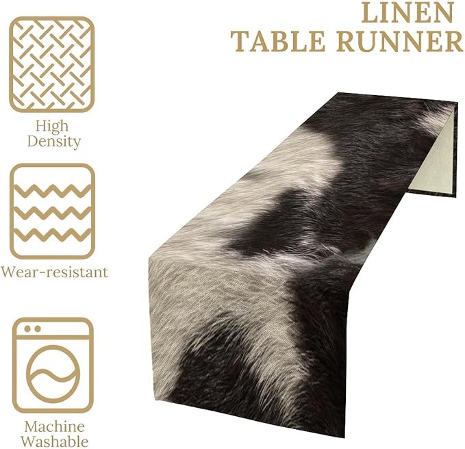 Cowhide Table Runner Black and White Milk Cow Western Style 3D Cow Fur Skin Texture Table Runner for Living Room Kitchen Dining Table Decoration 13x90in
