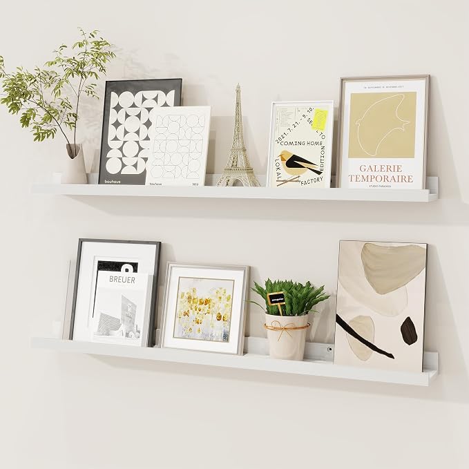 Picture Ledge Shelf, Floating Shelves Set of 2, 32 Inches Solid Wood Nursery Book Shelves for Toys Storage, Kids Bookshelf Wall Mounted for Living Room Bedroom Decor Books Photo Frames, White