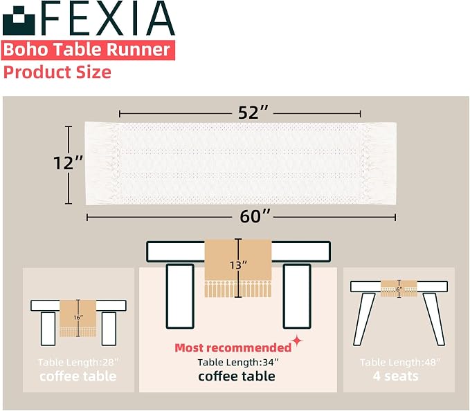 FEXIA Boho Macrame Table Runner with Tassels 60 Inches Long Cream Table Runner for Farmhouse Home Decor Table Runnerfor Bohemian Dining Bedroom Decor Rustic Bridal Shower (12x60 Inches)