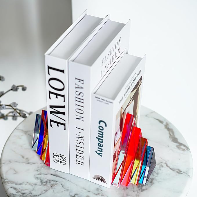 H&D HYALINE & DORA 1Pair 3Lbs Crystal Bookends for Shelves Decorative Glass Bookends for Heavy Books Geometric Triangle Shape Non-Skid Book Ends Heavy Bookends Home Office Decor(Colorful)