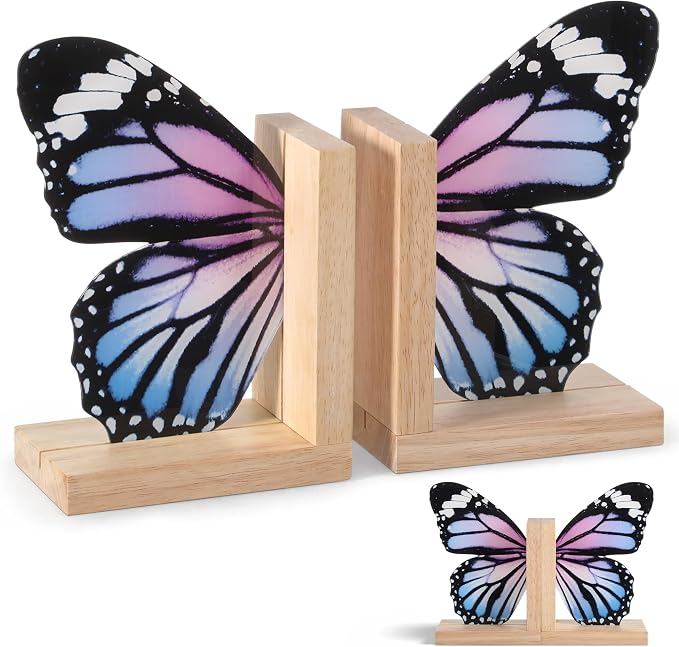 Decorative Butterfly Bookends Wooden Acrylic Butterflys Bookend Modern Bookshelf Decor Accent Book Stopper Decor for Home Farmhouse Shelves Office Lover Gift(Pale Blue Swallowtail Butterfly)