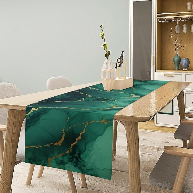 Luxurious Teal Marble Table Runner, Dark Green Gold Textured Art Accent Table Runner for Kitchen Dining Cafe Party Home Decor, 13x90 Inch