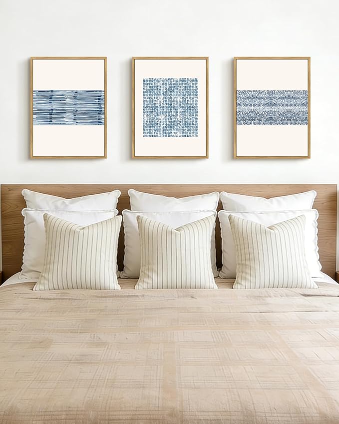 PHOPAGO Blue Abstract Framed Wall Art Modern Boho Neutral Line Wall Decor Bohemain Minimalist Geometric Artwork Home Decor - 11x14in Natural Framed